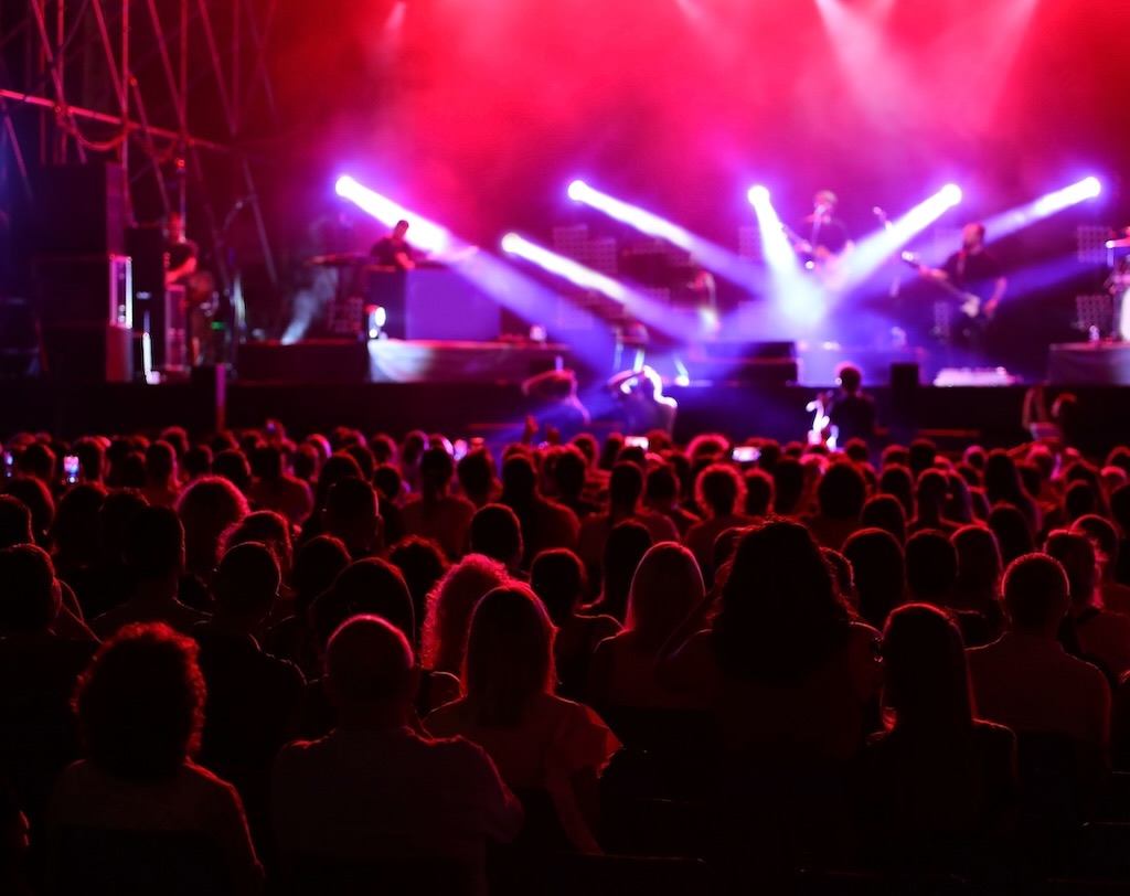 people in the audience spectators during the concert and the band on stage